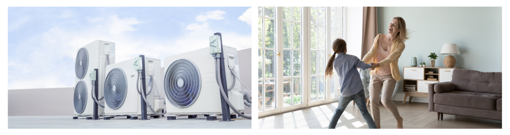 Three modern air conditioning units with a clear blue sky backdrop, showcasing sleek design and energy efficiency. A mother and daughter joyfully dancing together in the living room, emphasizing home comfort and family enjoyment.