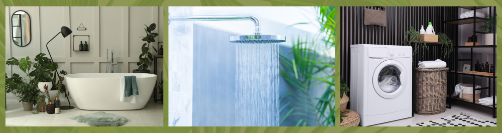 A stylish bathroom interior featuring a modern bathtub surrounded by beautiful houseplants, reflecting home design and water usage concepts.

A clean rain shower in a bathroom, symbolizing hygiene, water saving, and environmental conservation

A well-designed laundry room with a washing machine and stylish furniture, emphasizing home water usage.