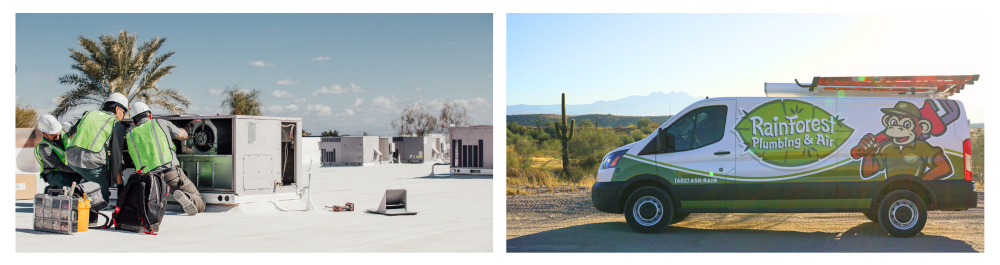 Rainforest Plumbing and Air technicians expertly servicing air conditioning units alongside a branded company vehicle in a desert landscape, showcasing their professional installation, energy-saving solutions, and personalized customer service for residential HVAC needs.