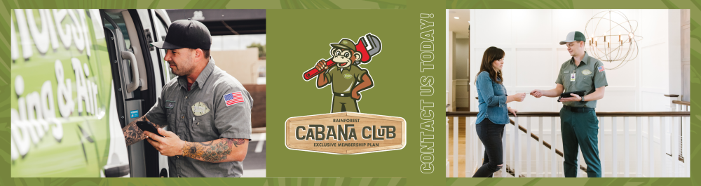 A Rainforest Plumbing & Air technician in uniform standing next to a branded work vehicle, with the RF monkey mascot holding a red wrench beside a Cabana Club sign. To the right, the text reads "Contact Us Today!" Image on the right highlights a female homeowner receiving a business card from another Rainforest Plumbing & Air employee in a cozy home interior setting.