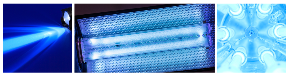 Close-up of a mini UV LED light and UVC G23 fluorescent bulb, designed for sterilizing surfaces and tools by eliminating germs, bacteria, and viruses using ultraviolet light. The UV purifier features bright ultraviolet flasks emitting blue light, offering a futuristic approach to enhancing HVAC system efficiency and sanitization, similar to those used in medical and water purification systems.