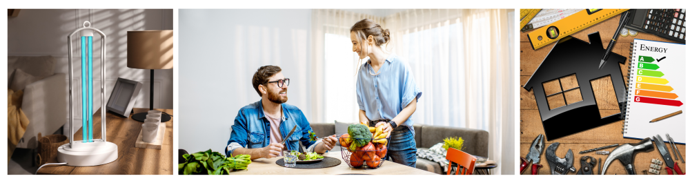 UV Lamp for Light Sterilization: A UV lamp placed on a living room table to improve air quality by reducing airborne pathogens like bacteria, viruses, mold, and allergens, resulting in cleaner and healthier indoor air. 

Healthy Meal in a Cozy Dining Setting: A young couple enjoying a nutritious meal at the dining table, illustrating how UV lights eliminate harmful organisms, lower the risk of respiratory infections, and reduce allergy symptoms for a healthier lifestyle. 

Home Energy Efficiency Concept: A model house with an energy efficiency rating displayed on a wooden table alongside a calculator and coins, emphasizing the importance of keeping your HVAC system free of buildup to enhance airflow, improve efficiency, and potentially lower energy bills.