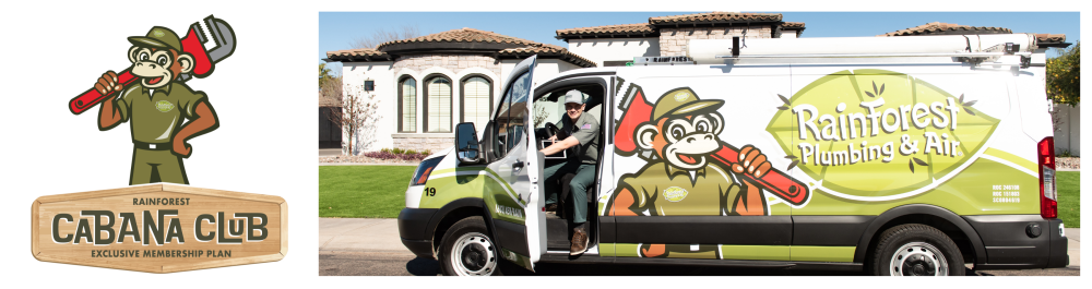 Rainforest Plumbing & Air mascot holding a wrench behind a graphic promoting the Rainforest Cabana Club Exclusive Membership Plan.

Rainforest service technician arriving at a residential area in a work van, opening the door.