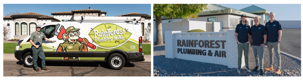 Rainforest Plumbing & Air technician stands in front of a branded truck in a residential area, ready to install a UV light in your HVAC system. This simple yet effective upgrade enhances indoor air quality, reduces harmful bacteria, and boosts energy efficiency.

When you're ready to enjoy a fresher, healthier home, contact Rainforest Plumbing & Air today!

A photo features the Rainforest Plumbing & Air team alongside a branded sign. When you reach out, we provide a wide selection of UV light options, and once your quote is approved, we’ll get to work right away.