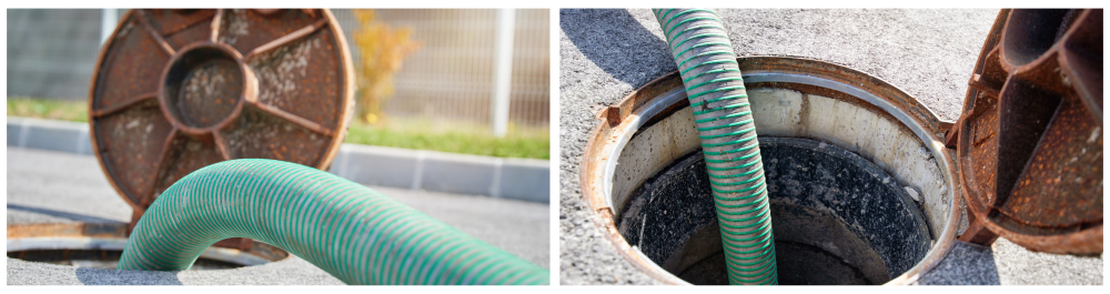 Two images from different angles of septic tank cleaning and sewage removal, showing the process of emptying a household septic tank and close-ups of sludge being extracted from the system.