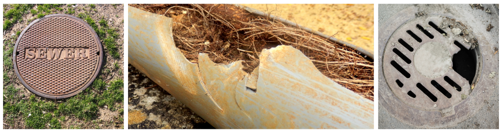 Rusty sewer lid showing sediment entry through cracks, leading to clogs and plumbing issues. Split drainage pipe from tree root ingress, a common problem in Arizona, causing cracks and belly dips. Old, damaged round sewer manhole cover showing wear.