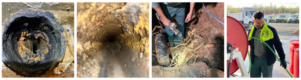 A four-panel image showing the interior of clogged and damaged sewer pipes. The panel on the right shows a sewer repair technician positioning a hose into an open sewer to help clear debris. These images showcase the poor condition many pipes are in before trenchless repair from Rainforest Plumbing & Air.