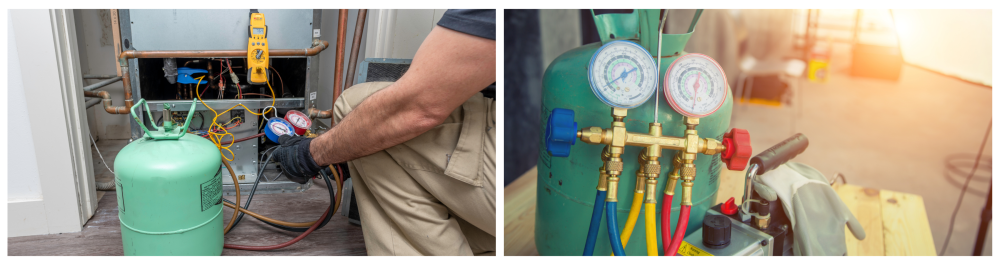 Two images showcasing the use of AC refrigerants: The first image displays a technician servicing an air conditioning system, connecting a green refrigerant tank to gauges and pipes for refilling or maintenance. The second image focuses on a green refrigerant tank equipped with a manifold gauge set, highlighting the tools used for measuring and managing refrigerant pressure in HVAC systems. Both images emphasize the importance of proper refrigerant handling in air conditioning maintenance and repair