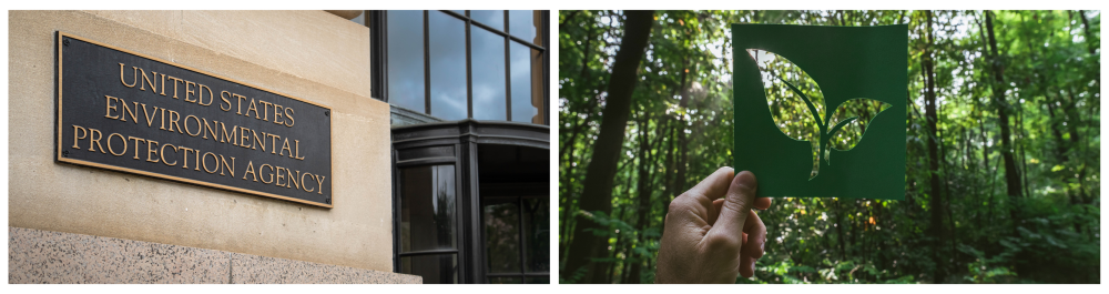 A composite image emphasizing environmental responsibility and air conditioning refrigerants: The left panel shows the United States Environmental Protection Agency (EPA) headquarters, representing its role in regulating eco-friendly practices. The right panel depicts a hand holding a green cutout with a leaf design against a forest backdrop, symbolizing sustainability. This highlights the EPA’s efforts to promote environmentally friendly air conditioning refrigerants in Arizona and across the United States, aiming to protect ecosystems and reduce harmful emissions.
