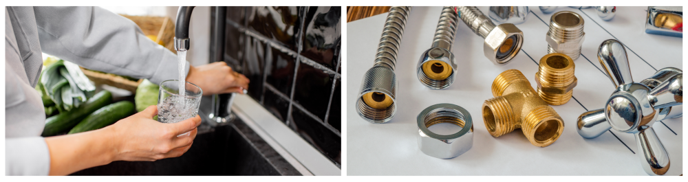 A woman fills a glass with tap water in the kitchen, highlighting the concept of smooth water flow.Copper and plastic plumbing accessories are arranged, showcasing essential spare parts for repair and maintenance.