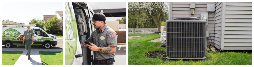 Three images highlighting the role of Rainforest Plumbing & Air technicians in promoting eco-friendly air conditioning solutions: The first image shows a technician walking toward a home from a branded Rainforest Plumbing & Air van, symbolizing their commitment to customer service and sustainability. The second image captures a technician preparing tools and equipment, emphasizing professionalism and expertise in handling environmentally safe refrigerants. The third image displays an outdoor air conditioning unit, representing the final product of energy-efficient cooling systems supported by Rainforest Plumbing & Air in alignment with EPA guidelines and sustainable practices in Arizona and beyond.