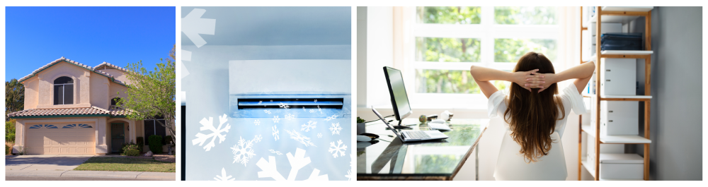 A single-family home in Phoenix, Arizona, equipped with a powerful air conditioner blowing crisp, cold air, with ice visible around the shutters. Inside, a woman relaxes comfortably at her home office desk, enjoying the refreshing indoor climate on a hot day.