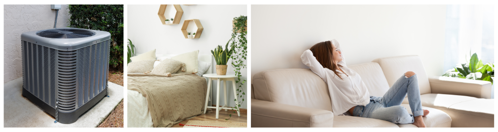 Three images illustrating the benefits of eco-friendly air conditioning systems: The first image shows an outdoor AC unit surrounded by greenery, symbolizing energy-efficient cooling solutions. The second image captures a cozy, plant-filled bedroom, highlighting the harmonious integration of sustainable cooling technology with indoor comfort. The third image features a woman relaxing on a sofa in a bright living room, representing the comfort and peace of mind achieved through environmentally conscious air conditioning practices, as advocated by the EPA and applicable to homes in Arizona and beyond.