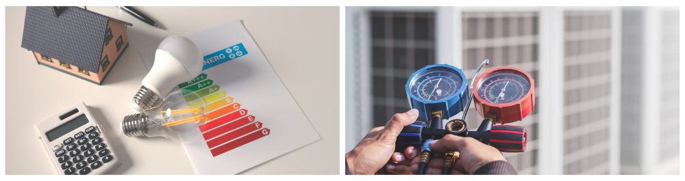 An energy rating chart alongside light bulbs highlights the concept of understanding energy efficiency ratings. A technician performs a detailed check on an air conditioning unit's refrigerant to ensure optimal performance.