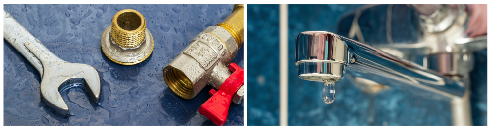 A plumbing faucet with a wrench surrounded by water droplets during repair reflects the challenges of addressing leaks.A close-up of a single water droplet falling from a leaky faucet highlights the need for maintenance.