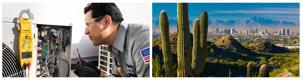 Rainforest Plumbing & Air technicians performs AC tune-ups to ensure efficiency and offer installation services for homes and businesses in Phoenix and nearby areas. The Phoenix skyline with Midtown is set against a backdrop of cacti and desert hills.