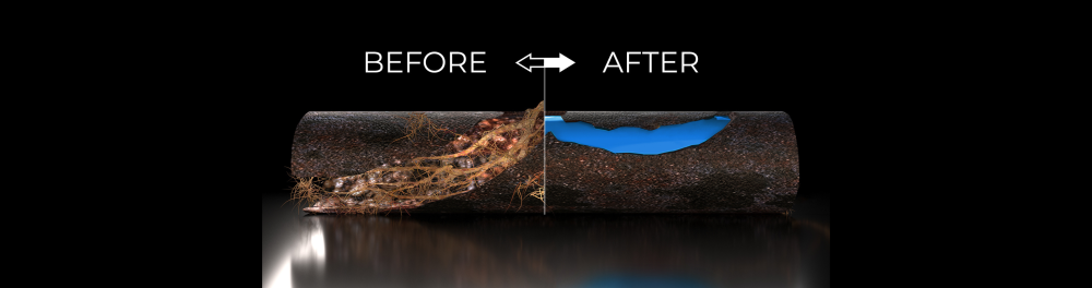 A before and after image of a repaired sewer line.