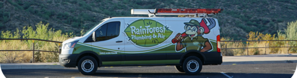 A Rainforest Plumbing & Air branded van parked in front of a desert landscape.